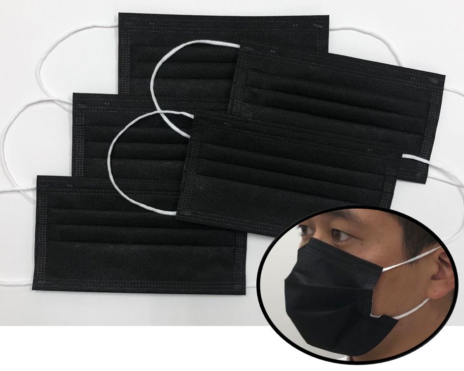   【日本製】国産３層構造カラーマスク　ブラック（黒）✕　耳ゴムホワイト（白）５枚入