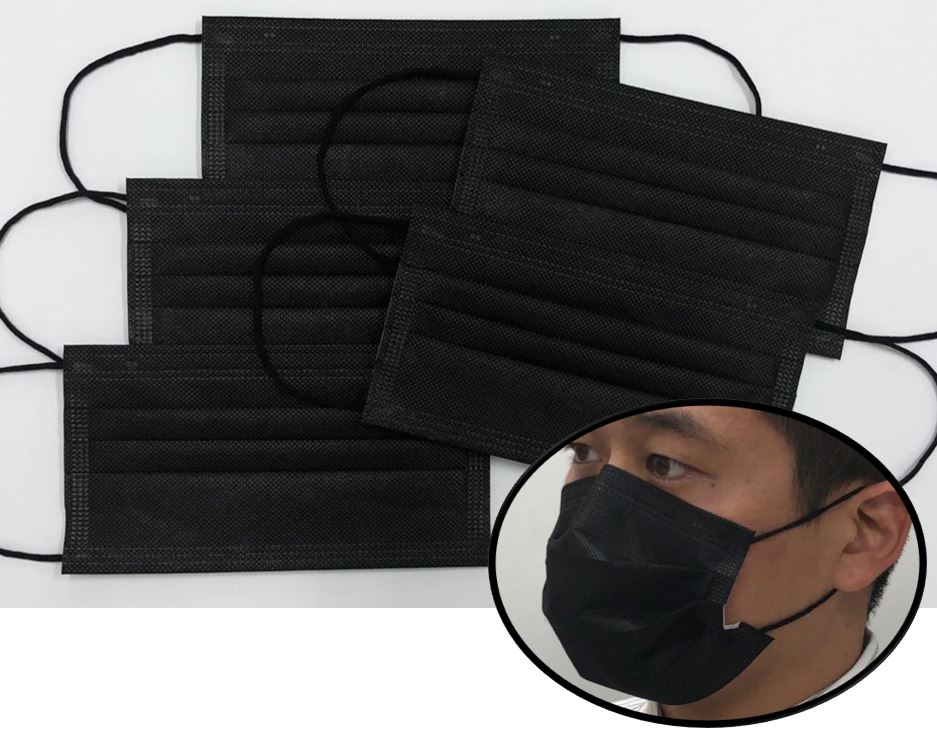   【日本製】国産３層構造カラーマスク　ブラック（黒）✕　耳ゴムブラック（黒）５枚入